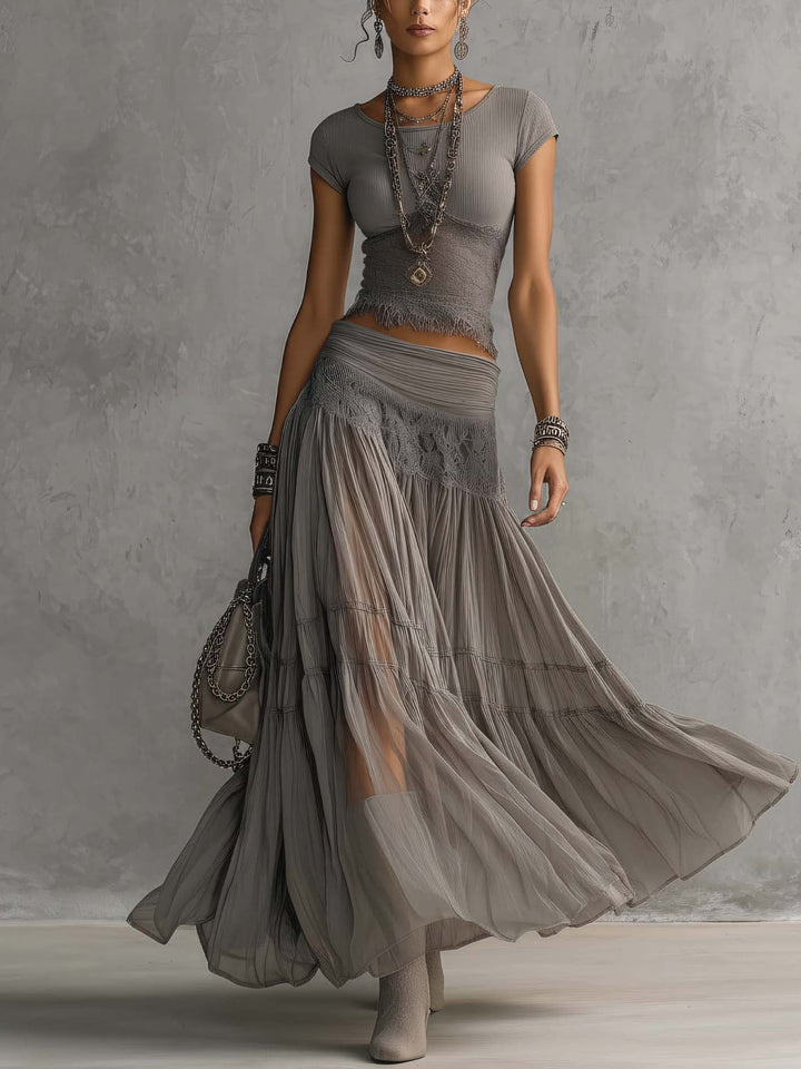 Elena | Lace-Paneled Top and Pleated Maxi Skirt Set