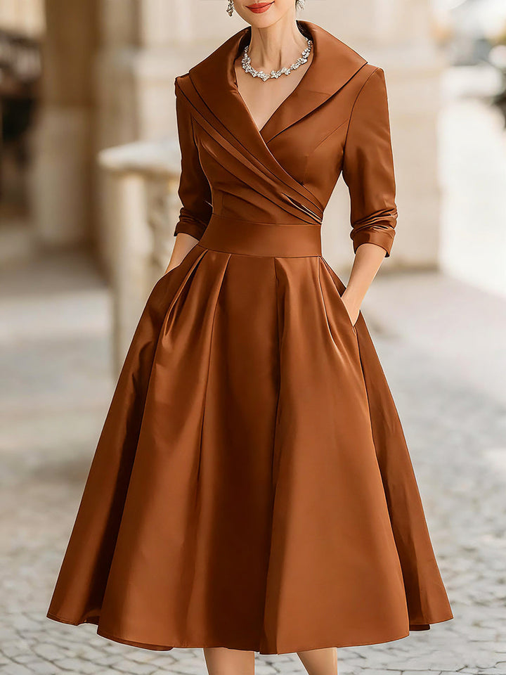 Courtney | Vintage Style Satin Midi Dress with Draped Collar