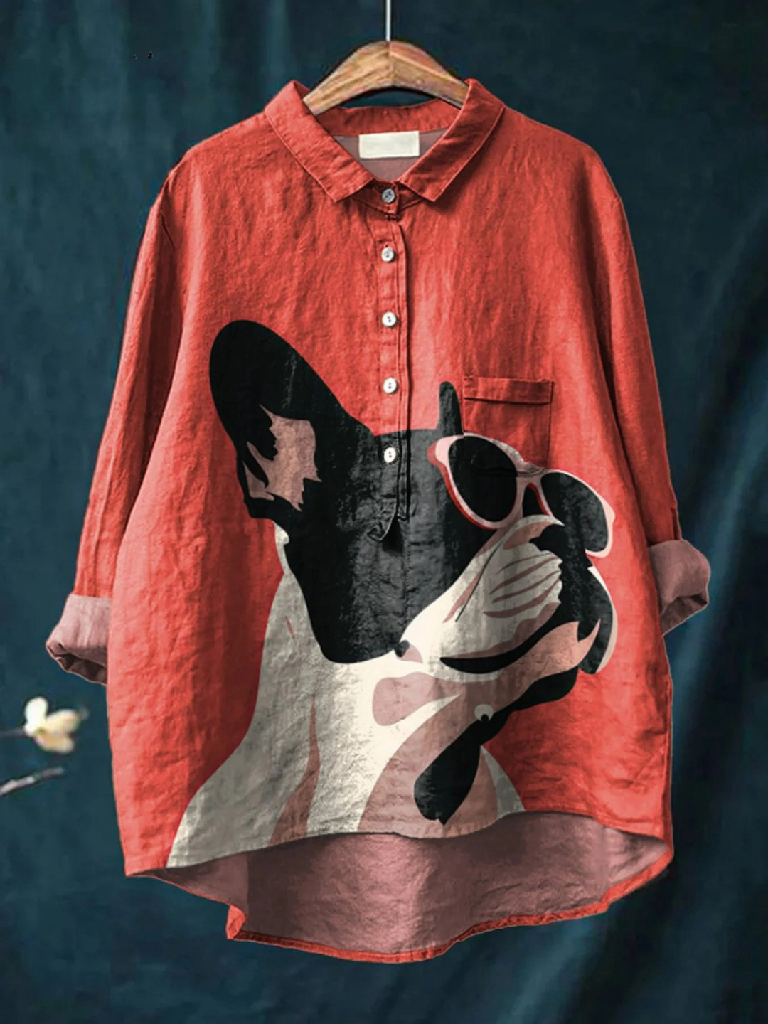 Evy | Decorative Pattern of French Bulldog Wearing Sunglasses On Red Background Casual Shirt