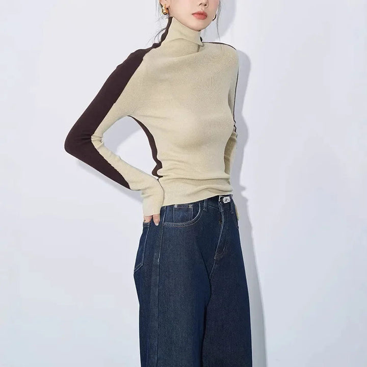 Iverna | Contrast Sleeve Mock Neck Top