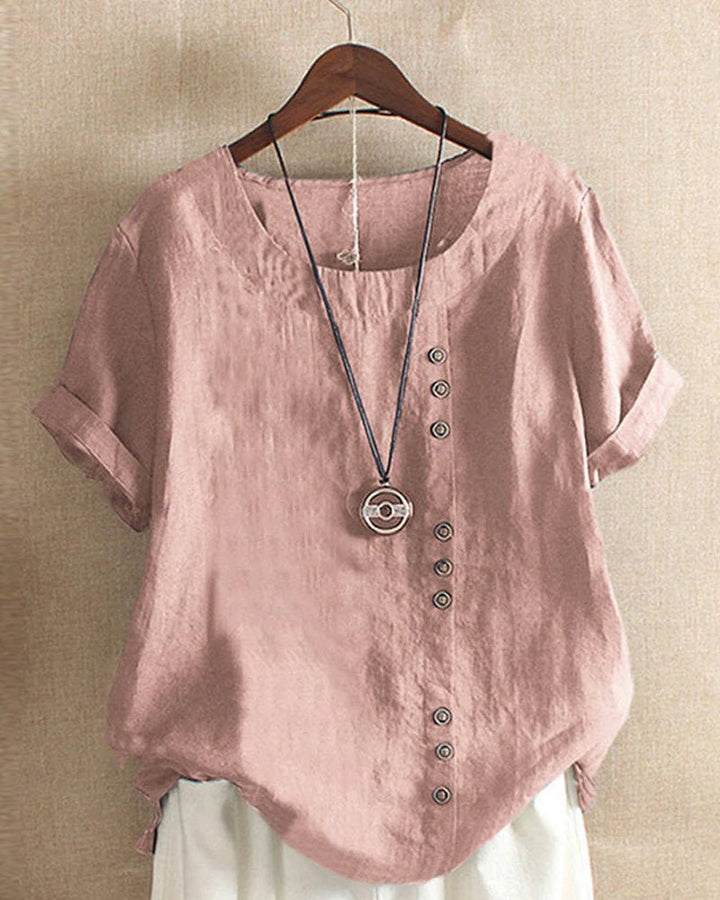 Linen | Women's Button Front Crew Neck Short Sleeve Casual Top