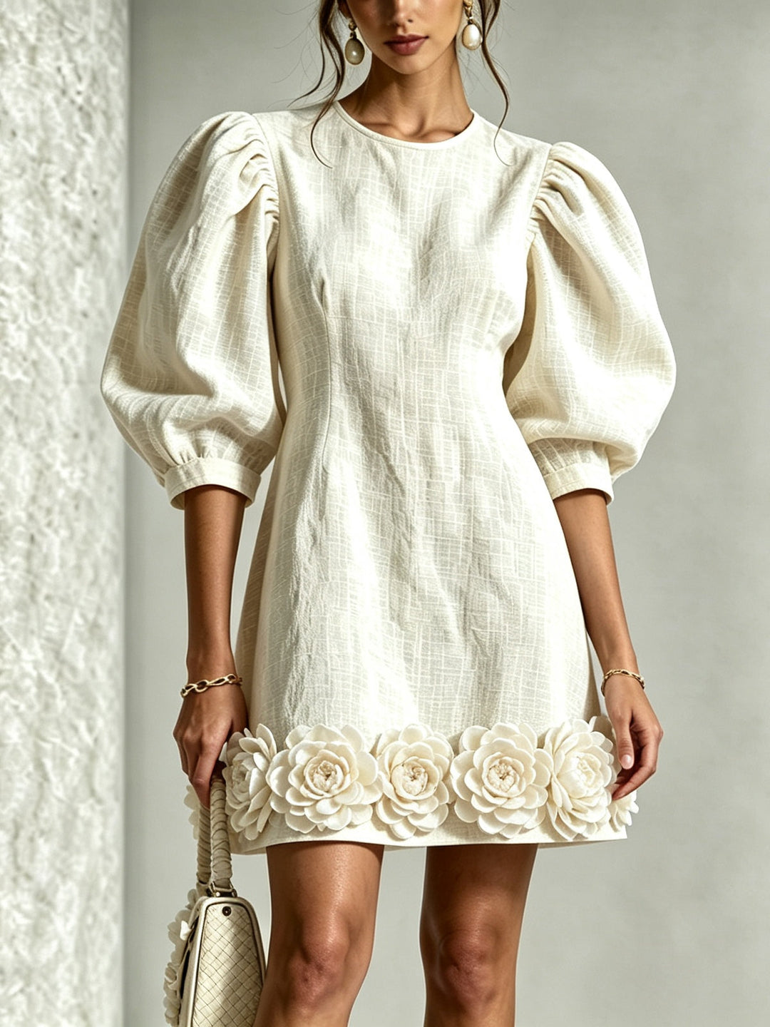 Orlena | Floral-Trim Puff-Sleeve Dress