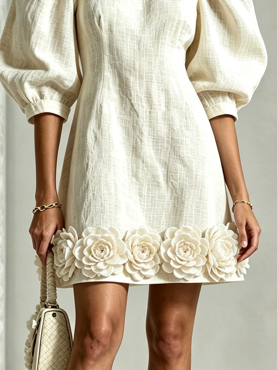Klara | Floral-Hem Puff-Sleeve Dress