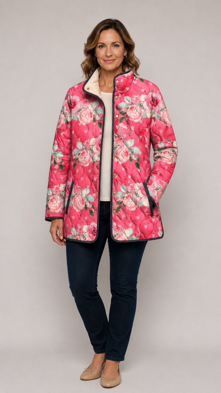 Astrid | Charming Quilted Jacket with Pink Floral Print