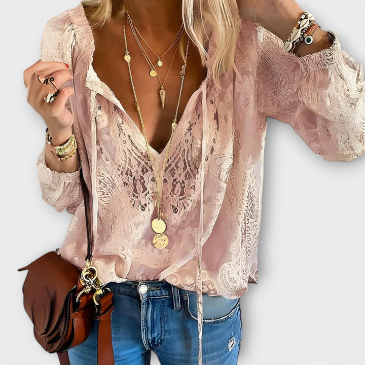 Zeleste | Women's Lace V-Neck Blouse Long Sleeve Boho Top