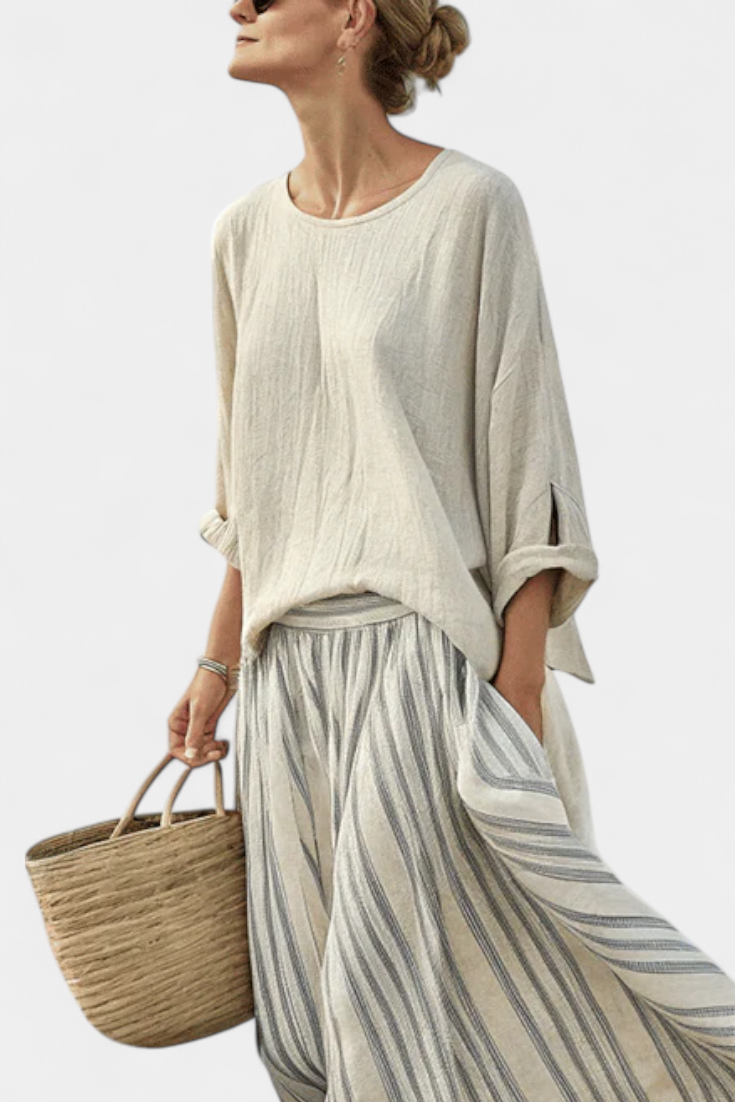 Aurora | Comfortable Blouse and Striped Midi Skirt