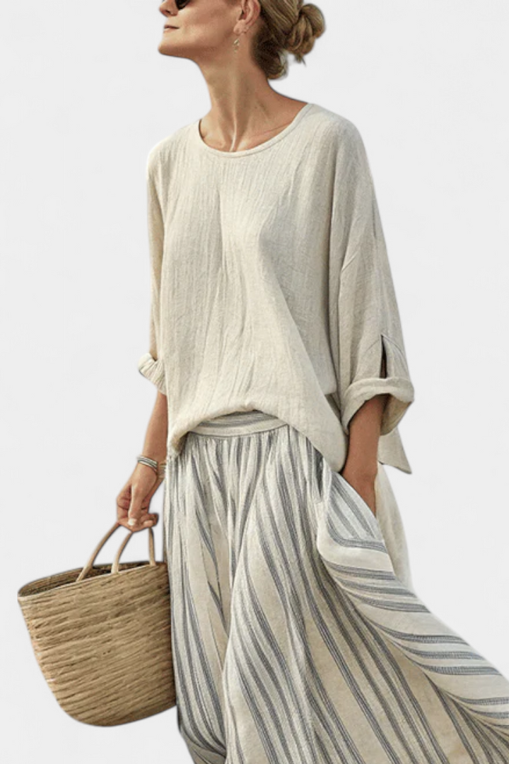 Aurora | Comfortable Blouse and Striped Midi Skirt