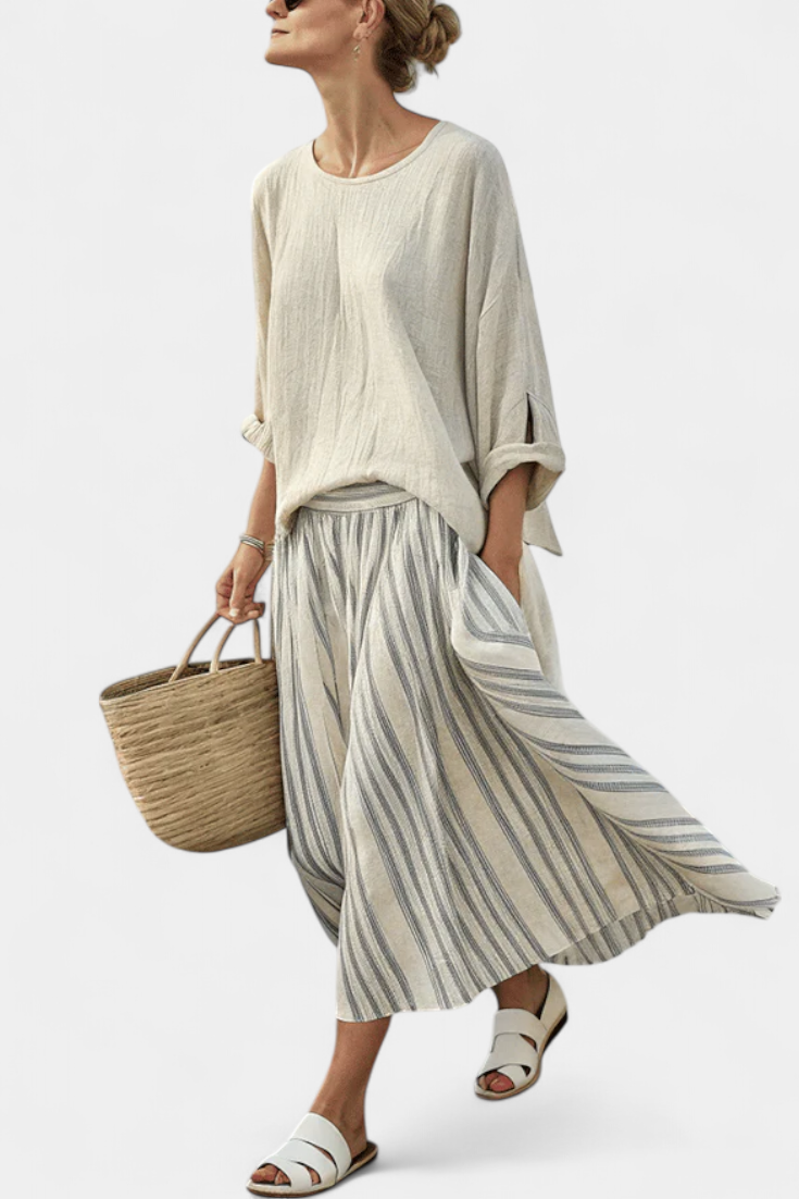 Aurora | Comfortable Blouse and Striped Midi Skirt
