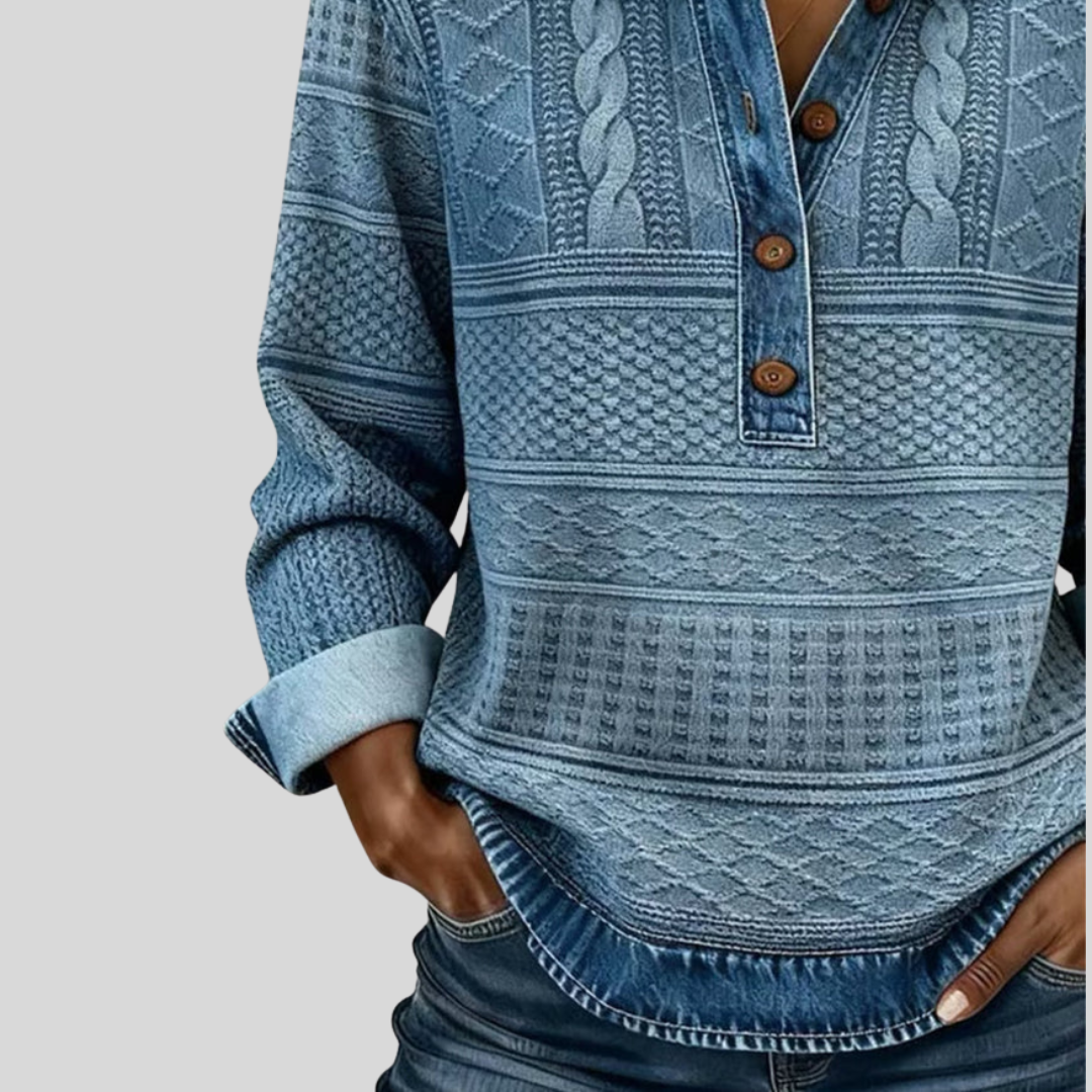 Velmora | Textured Knit Button-Collar Top