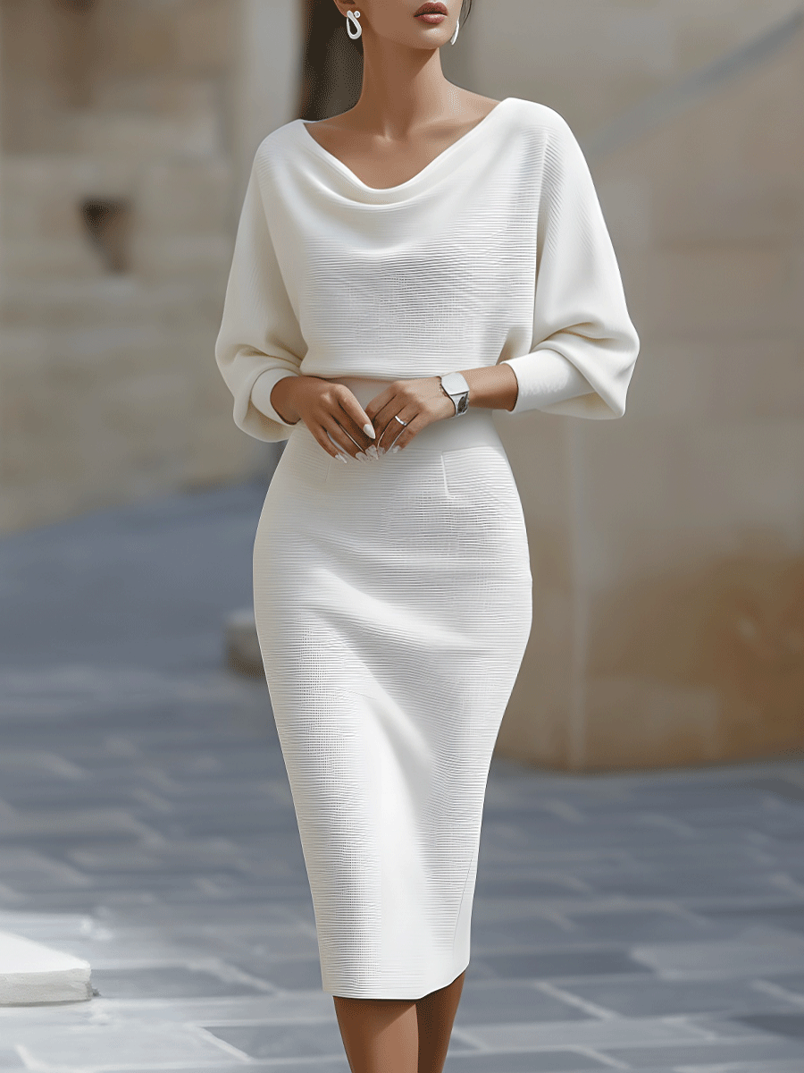 Ashley | White Draped Midi Dress with Batwing Sleeves