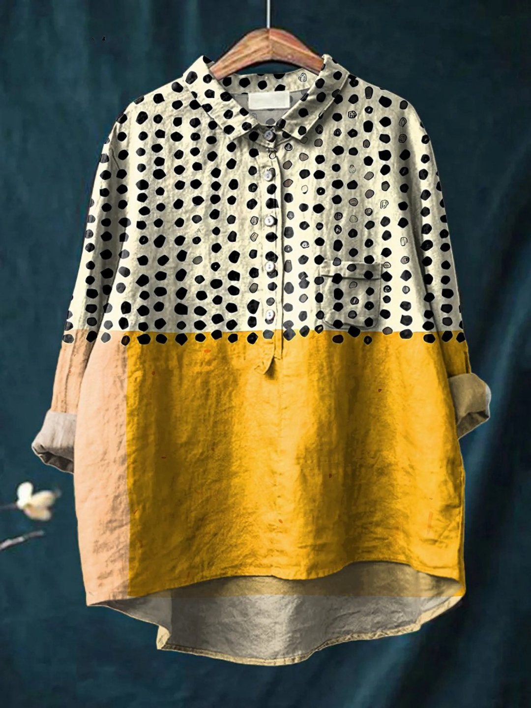 Olivya | Women's Yellow Colour-blocked Dots Print Casual Shirt
