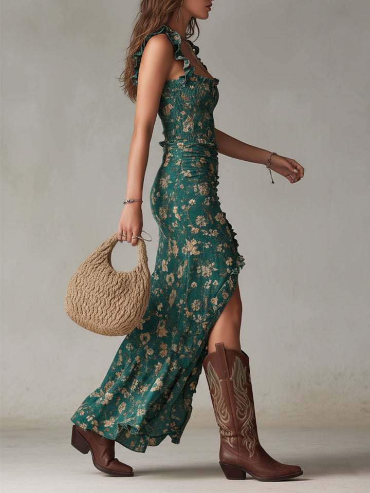 Sara | Long boho retro style dress with puffed sleeves and high slit