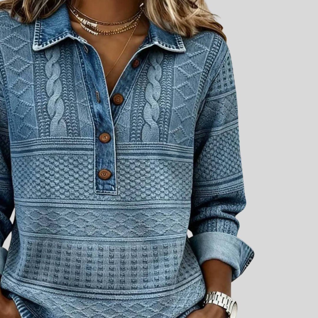 Velmora | Textured Knit Button-Collar Top