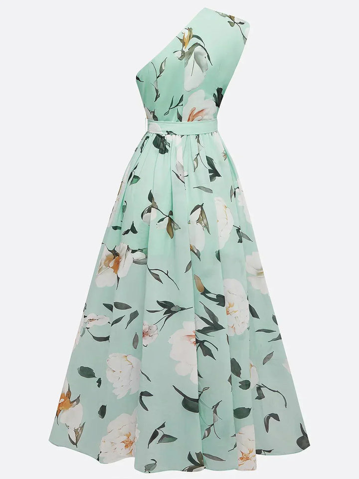 Anna | Light Green Maxi Floral Dress with One Shoulder