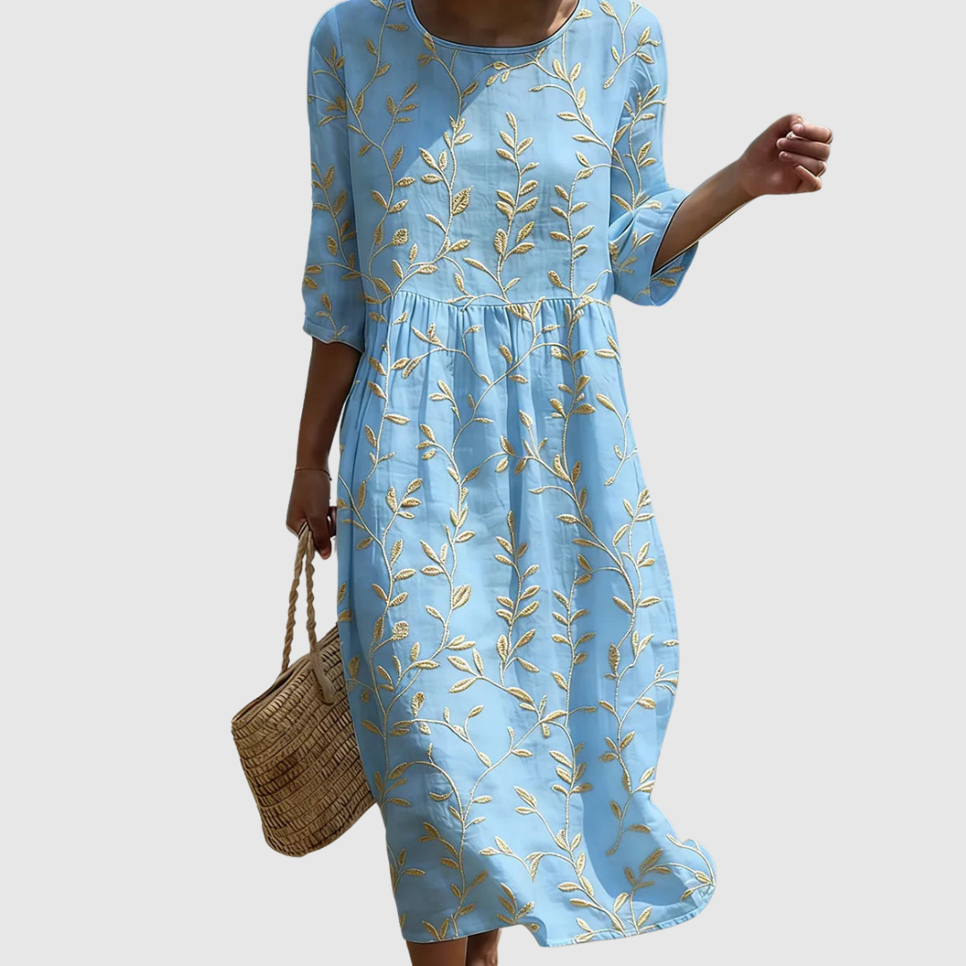 Natalie | Plant & Flower Print Round Neck Midi Dress