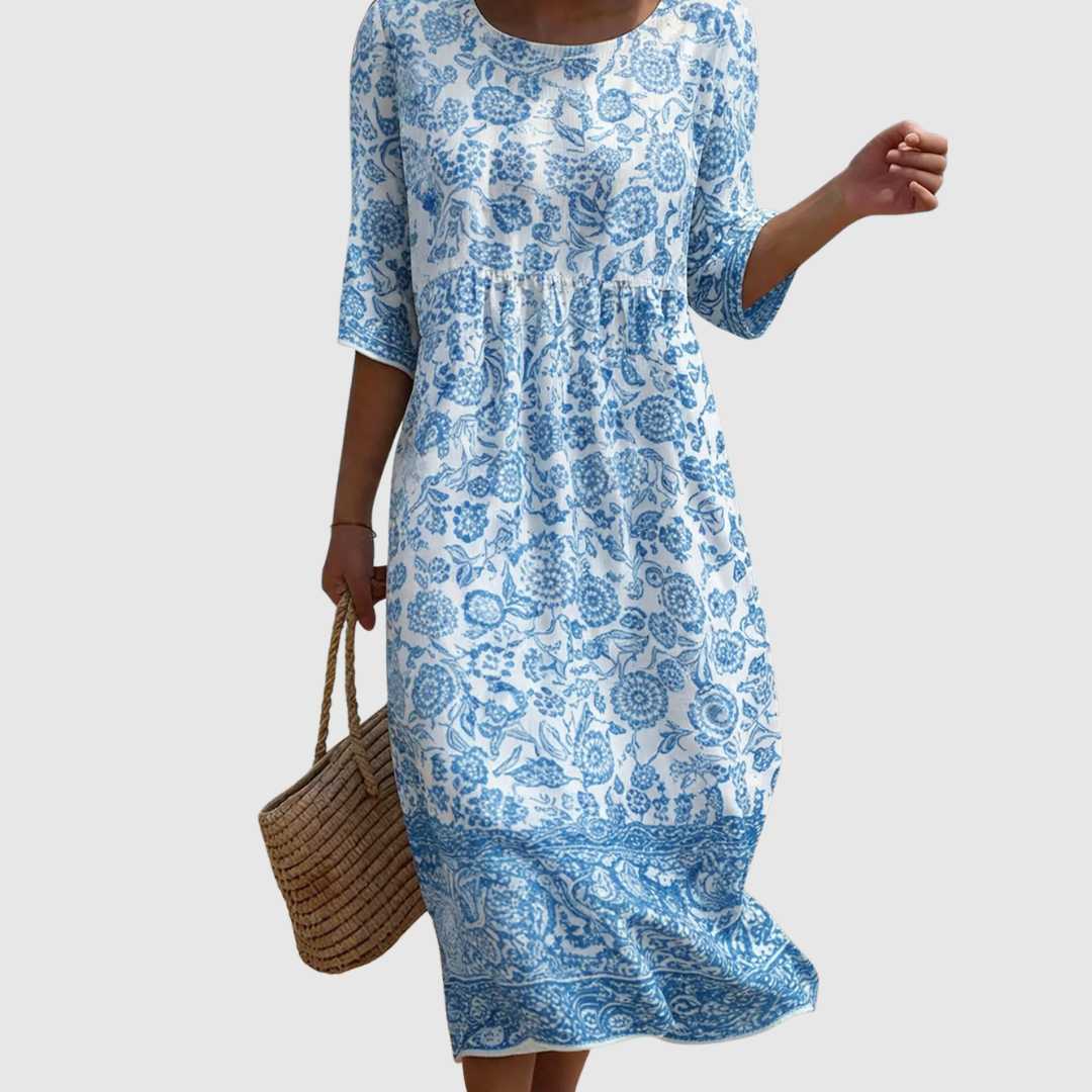 Blue | Elegant Floral Pattern Dress