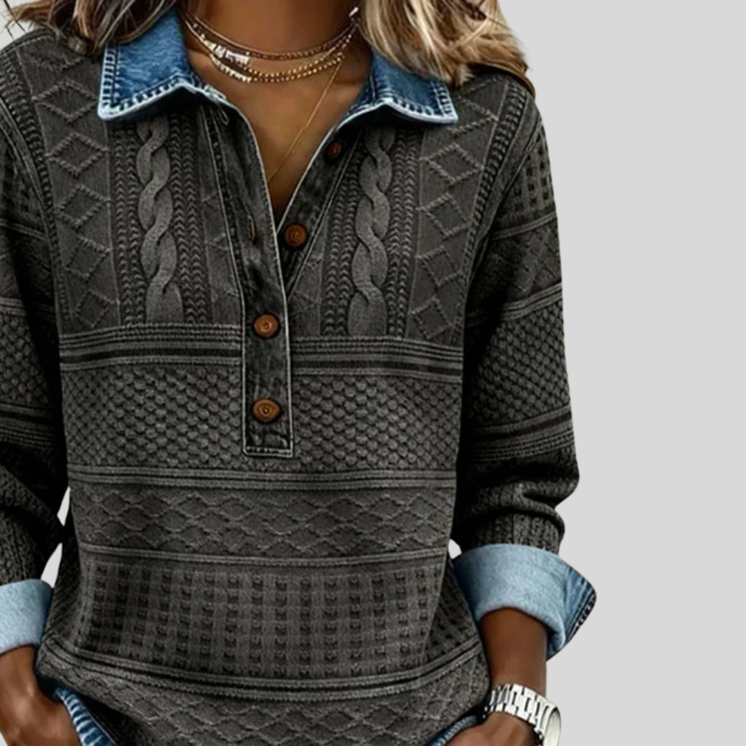 Velmora | Textured Knit Button-Collar Top