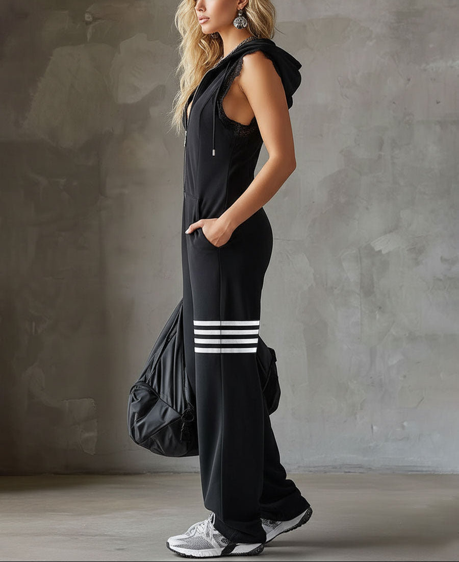 Grace | Retro Sports Jumpsuit With Hood And Stripes