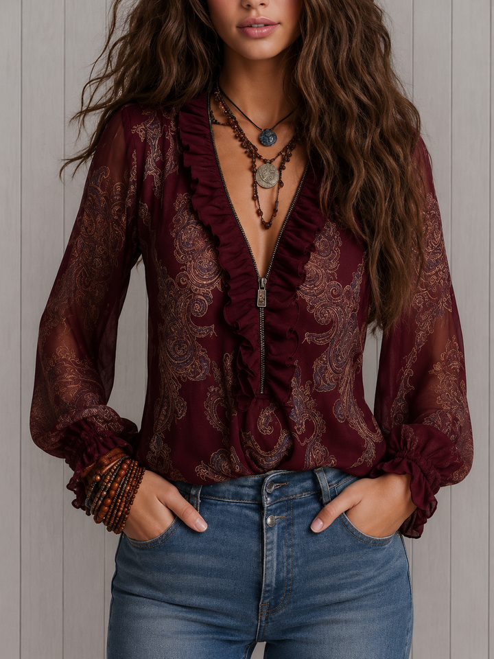 Mallory | Baroque Paisley Ruffle Blouse
