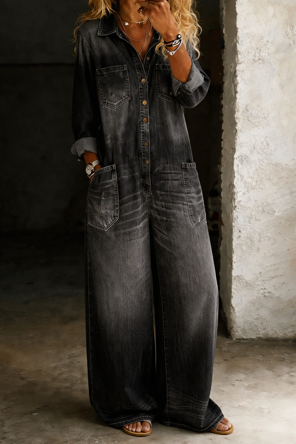 Monroe | Relaxed Wide-Leg Utility Denim Jumpsuit