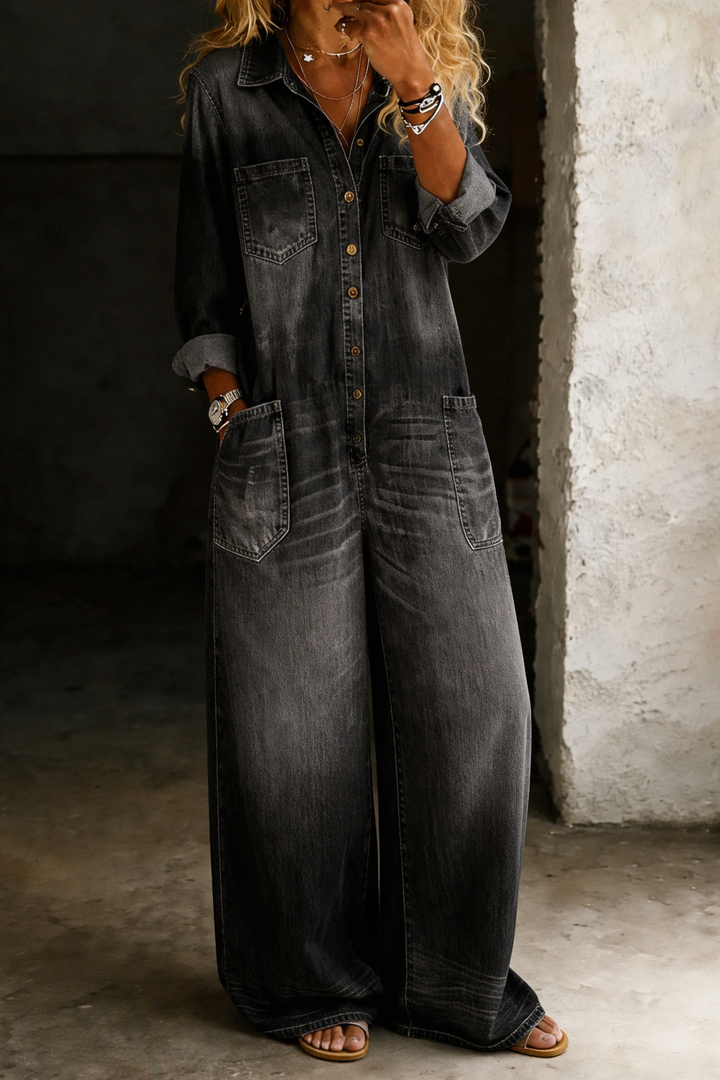 Monroe | Relaxed Wide-Leg Utility Denim Jumpsuit