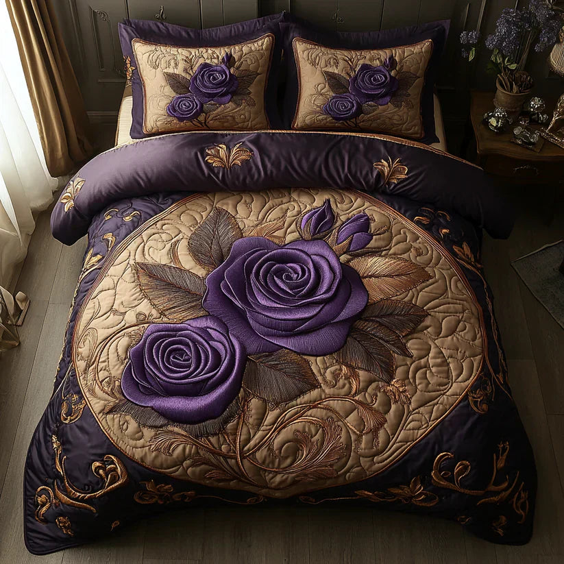 3-Piece Quilted Bedding Set - Purple Rose