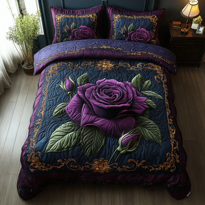 3-Piece Quilted Bedding Set - Purple Rose