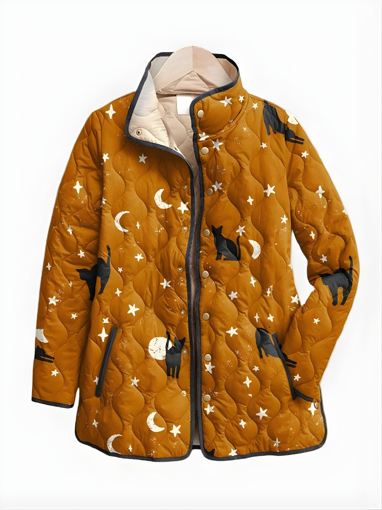 Mya | Black Quilted Jacket with Cat Pattern