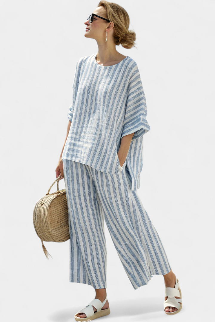 Federica | Sophisticated Linen Top with Blue Stripes and Relaxed Pants