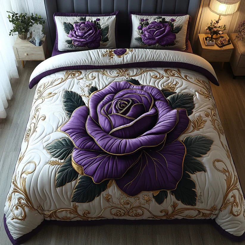3-Piece Quilted Bedding Set - Purple Rose