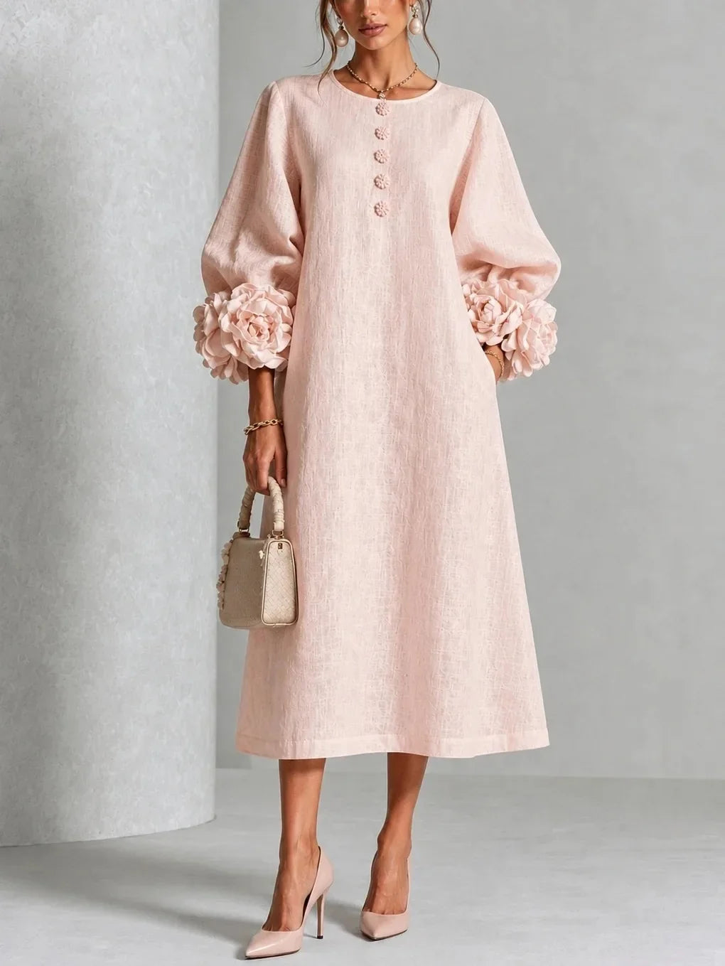 Temperance | 3D Floral Lantern-Sleeve Midi