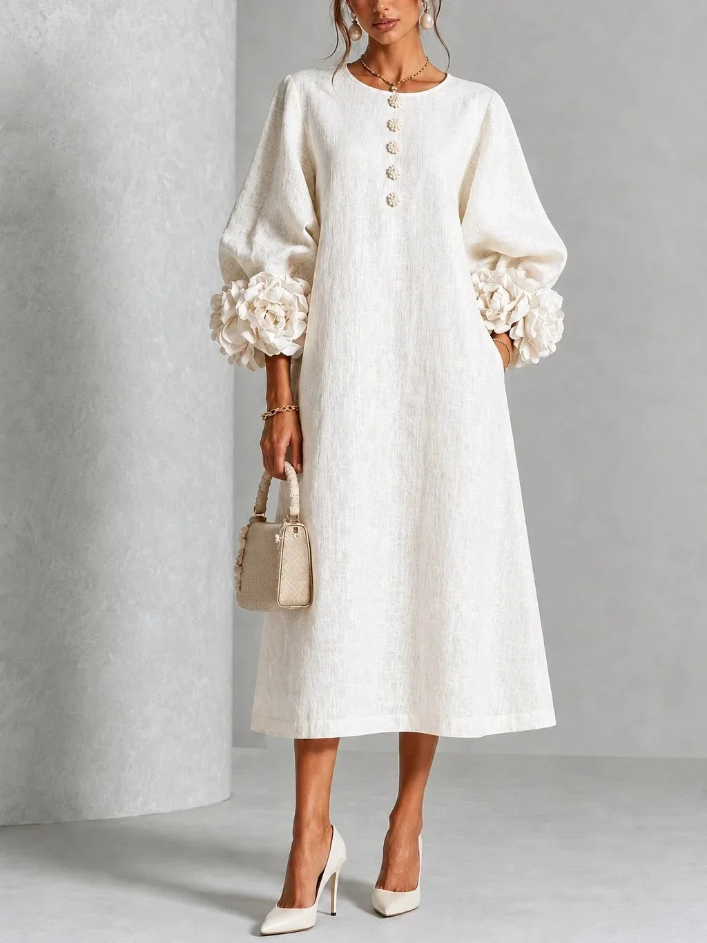 Temperance | 3D Floral Lantern-Sleeve Midi