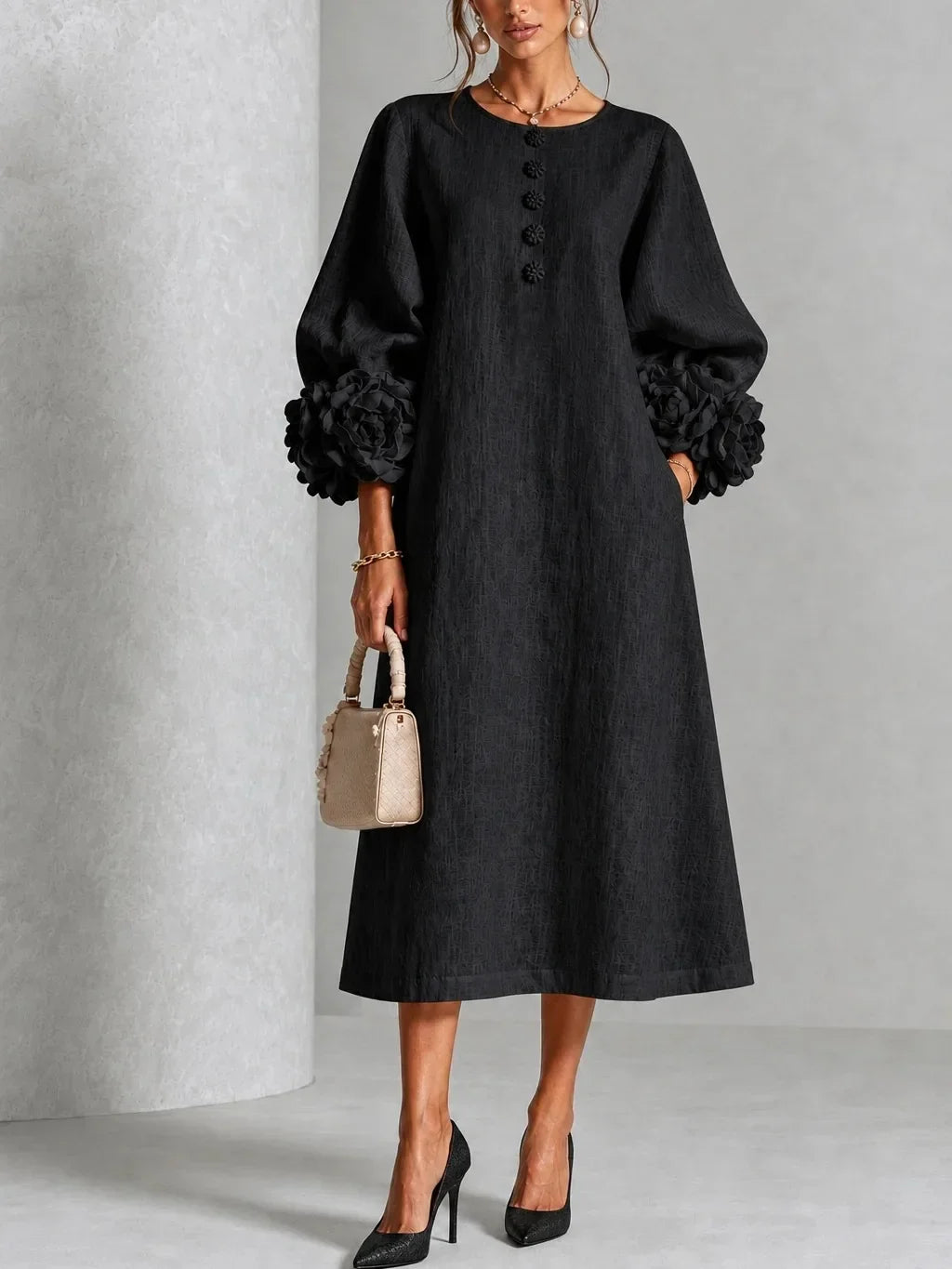 Temperance | 3D Floral Lantern-Sleeve Midi
