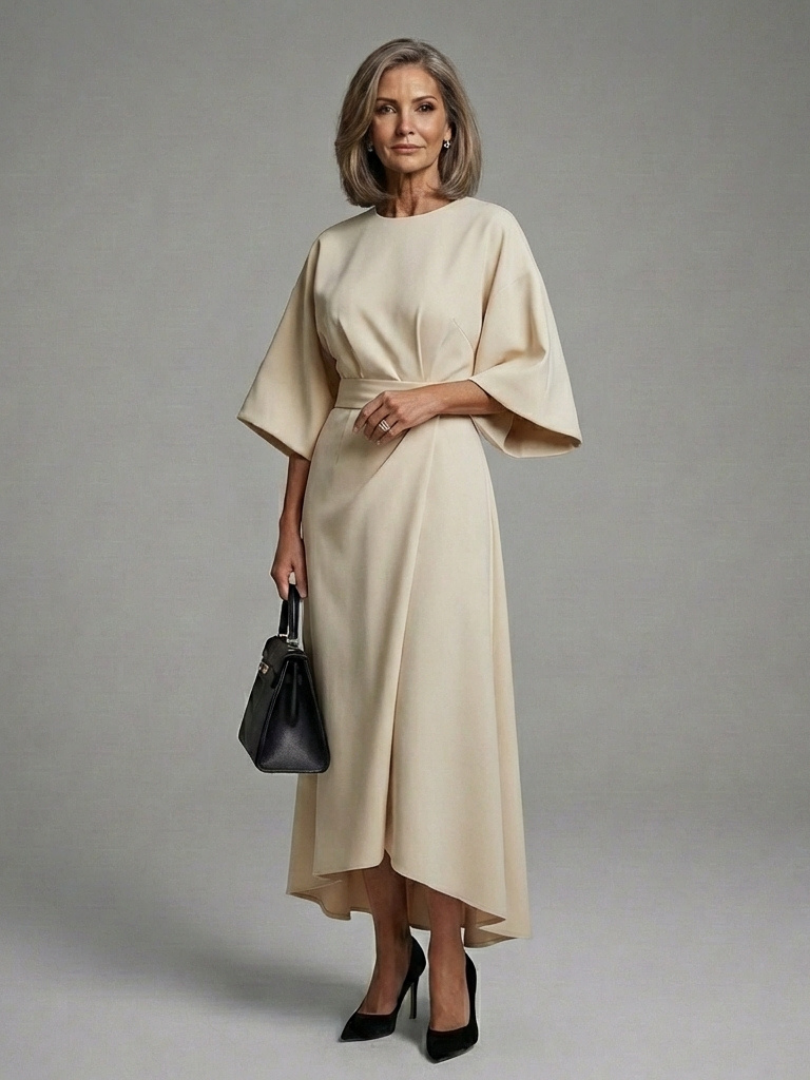 Eira | Asymmetrical Midi Dress with Coat Sleeves and Defined Waist