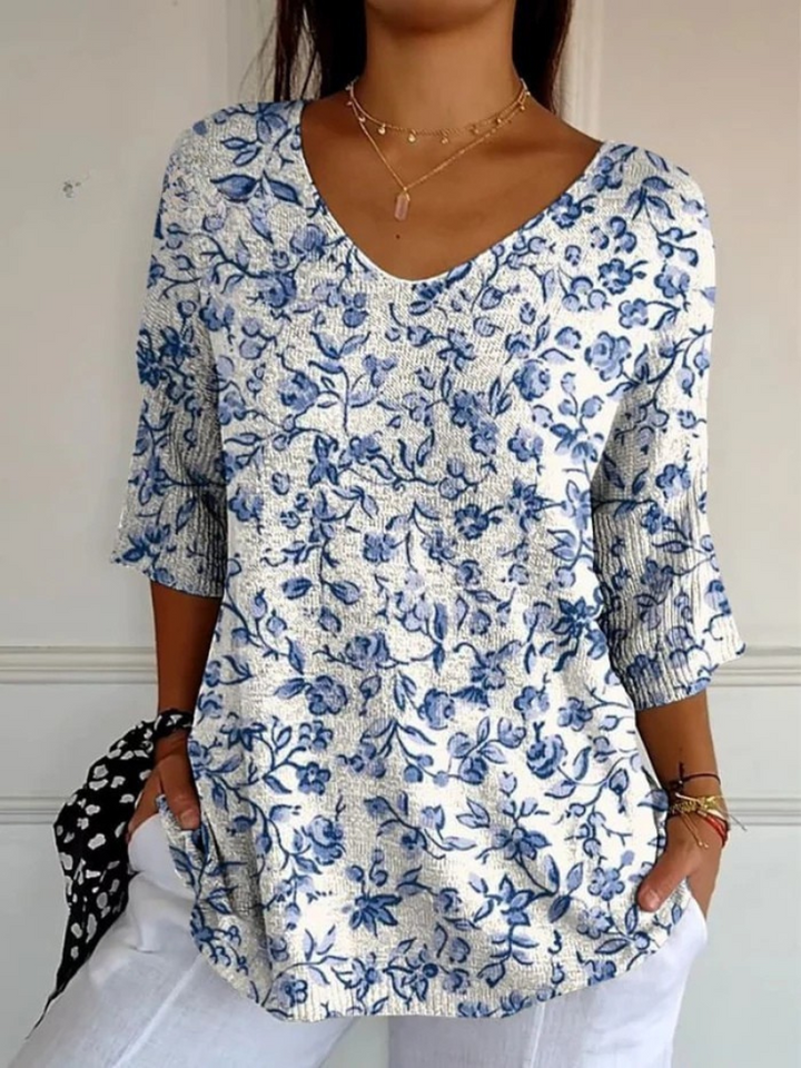 Deborah | Women's Small Blue Flowers Print Casual Pullover Knit
