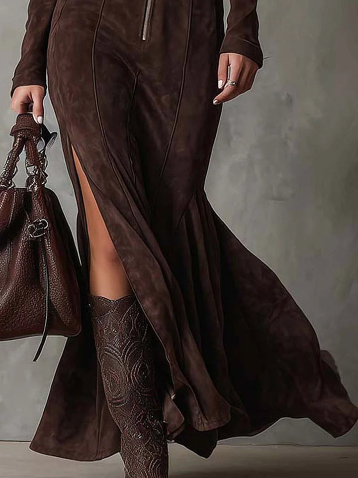 Odelie | Long Brown Belted Dress