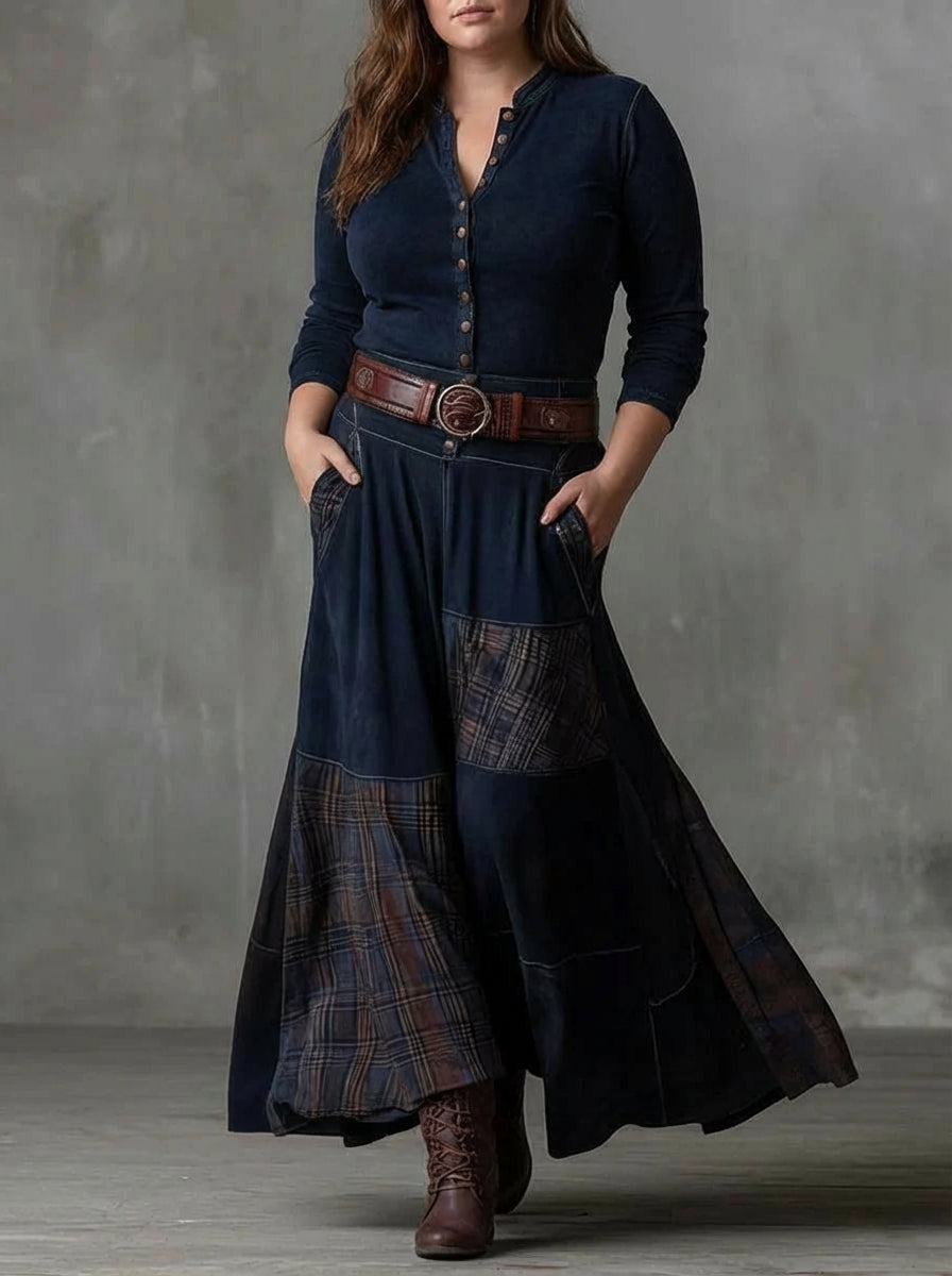Leonora | Vintage Long Dress in Navy Blue Suede Check (Includes Belt)