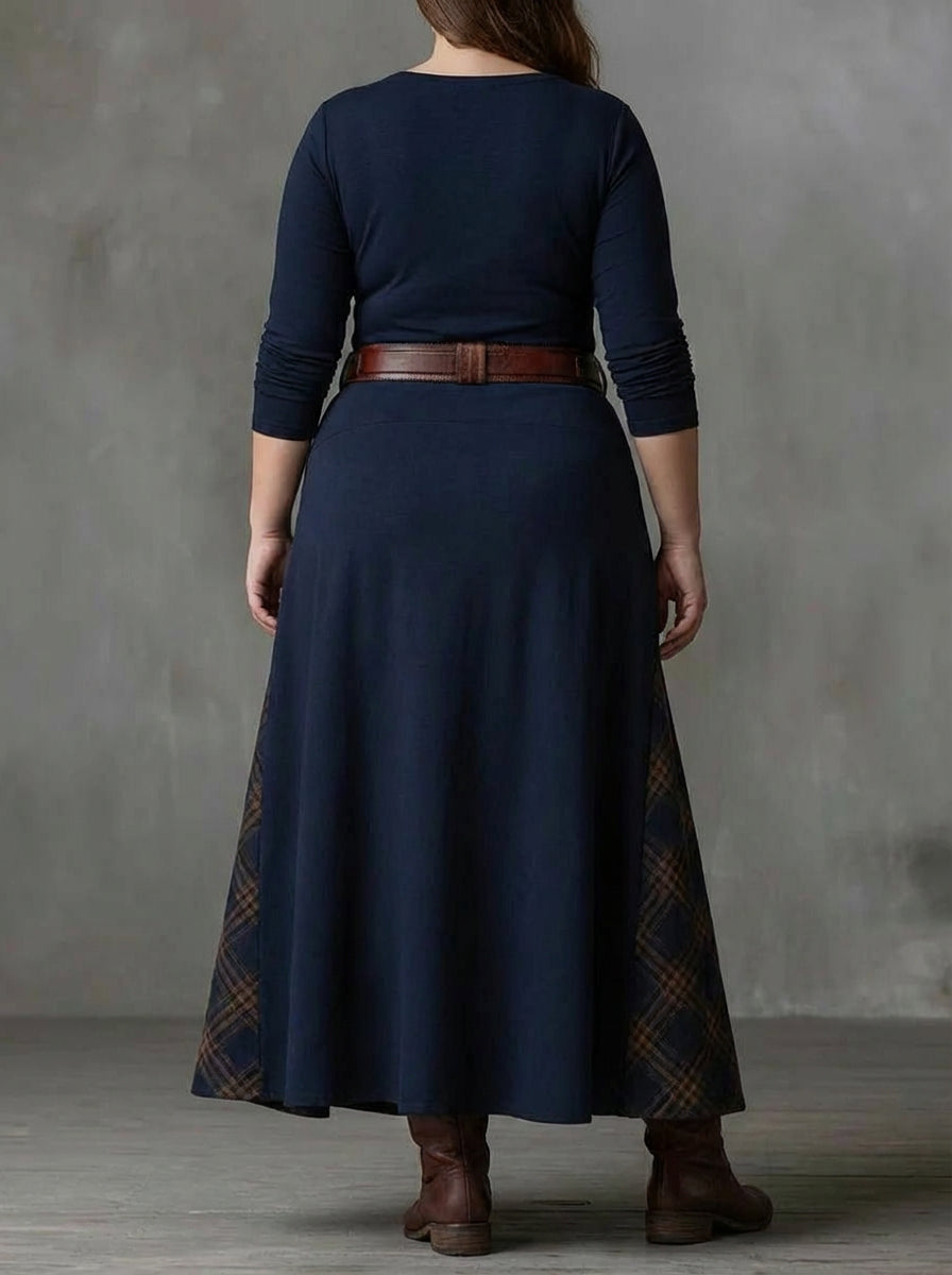Leonora | Vintage Long Dress in Navy Blue Suede Check (Includes Belt)