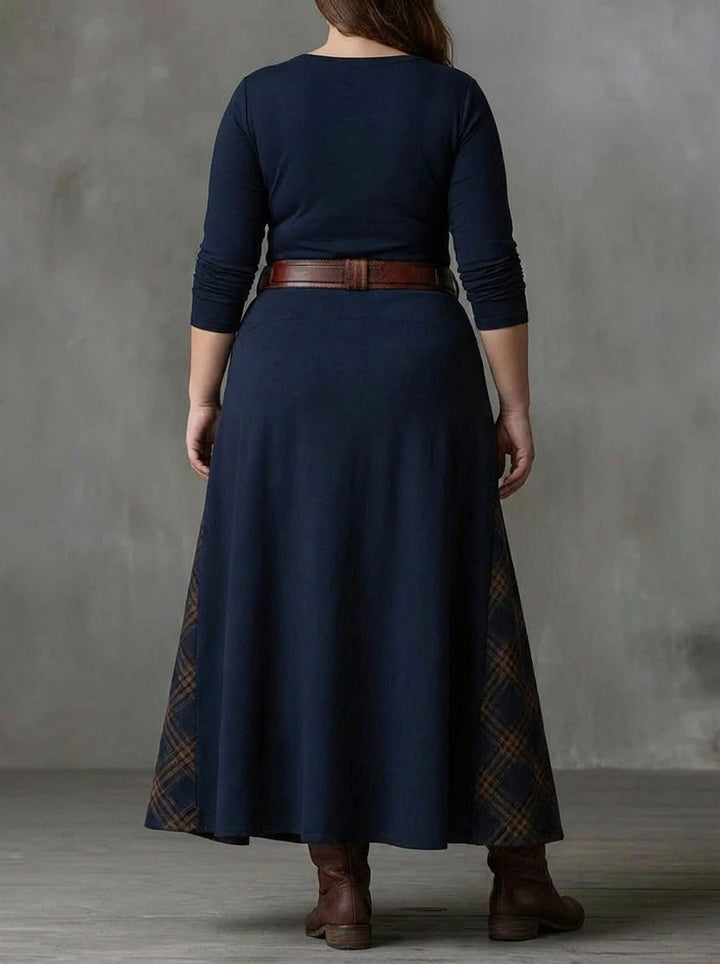 Leonora | Vintage Long Dress in Navy Blue Suede Check (Includes Belt)