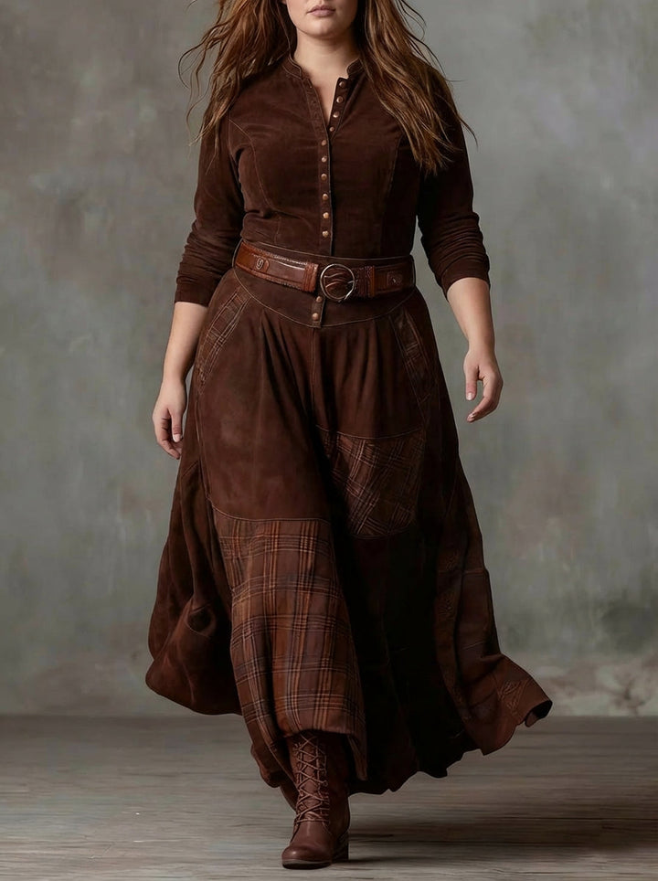 Leonora | Vintage Long Dress in Navy Blue Suede Check (Includes Belt)
