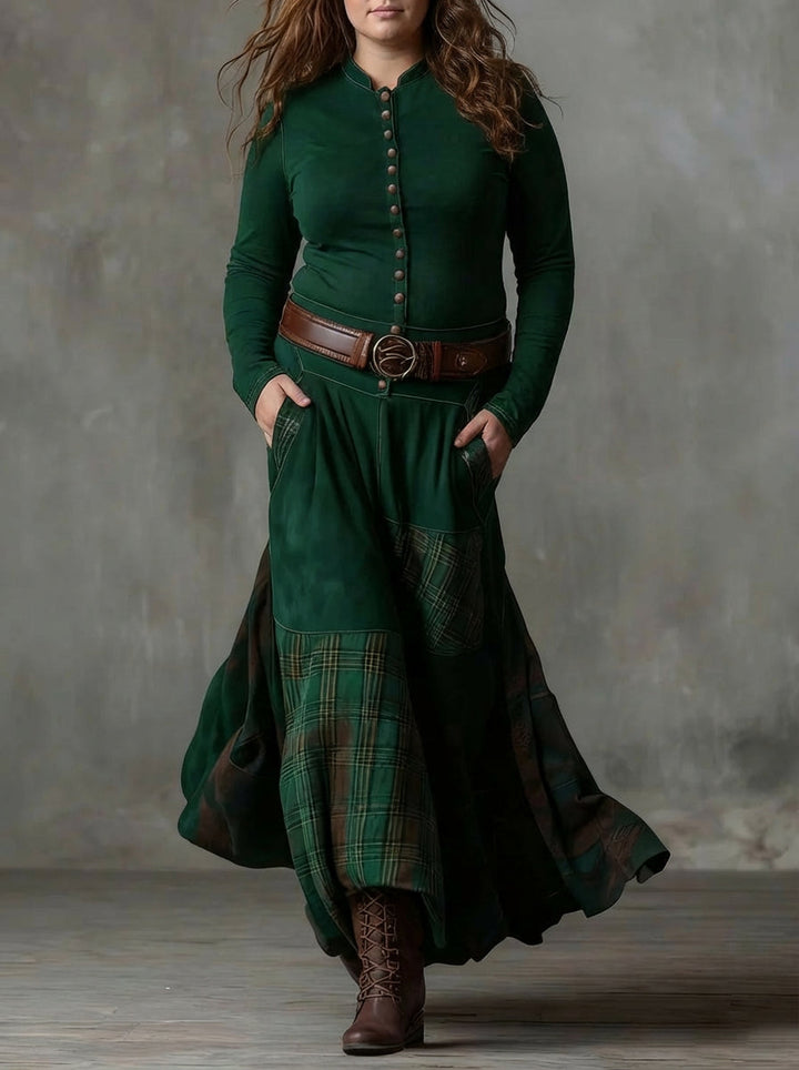 Leonora | Vintage Long Dress in Navy Blue Suede Check (Includes Belt)