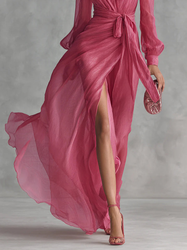 Claire  | Elegant chiffon maxi dress with a V-neck and waist tie