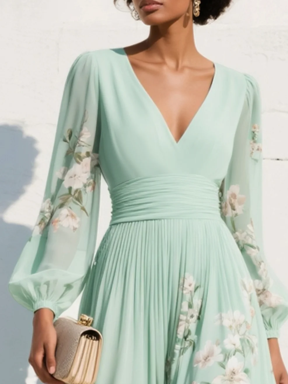 Lauren | Maxi Pleated Chiffon Dress In Mint Green with Floral Print