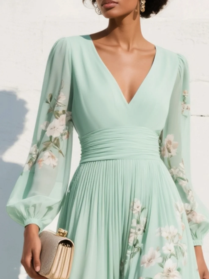 Lauren | Maxi Pleated Chiffon Dress In Mint Green with Floral Print