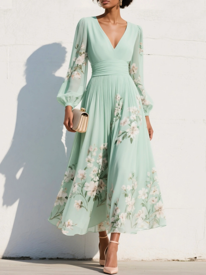 Lucy | Light Green Midi Dress with Pleated V-Neck in Chiffon