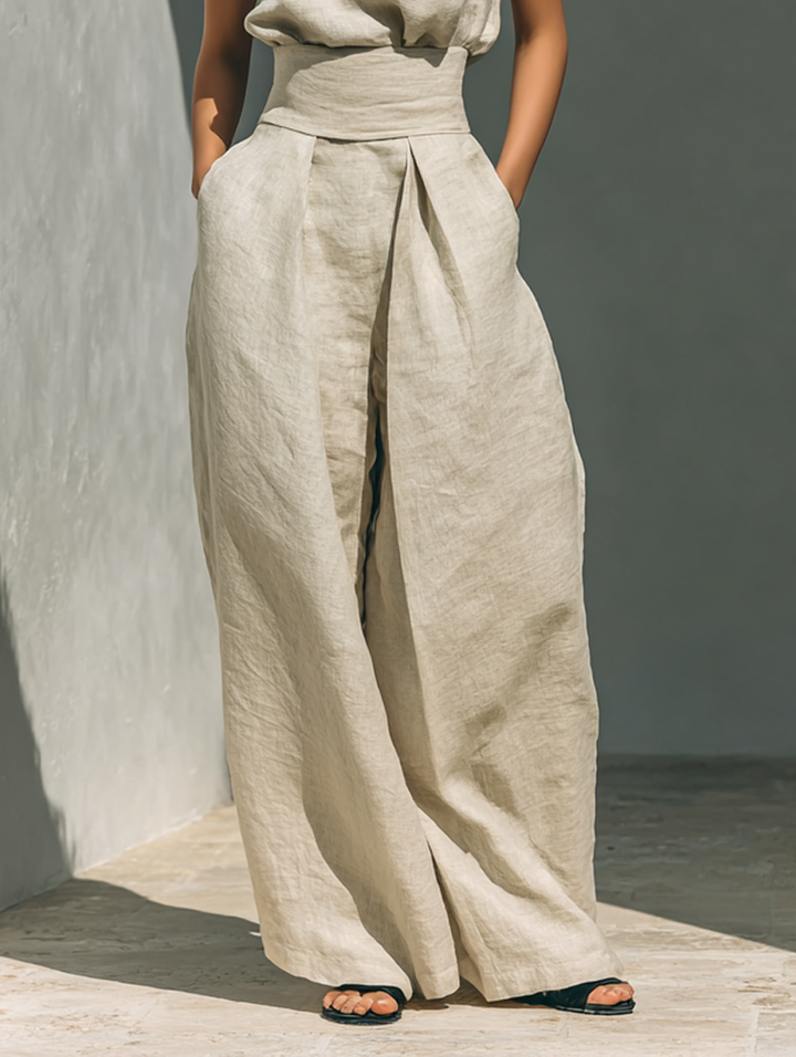 Olivia | Relaxed Beige Sleeveless Wide-Leg Co-Ord Set