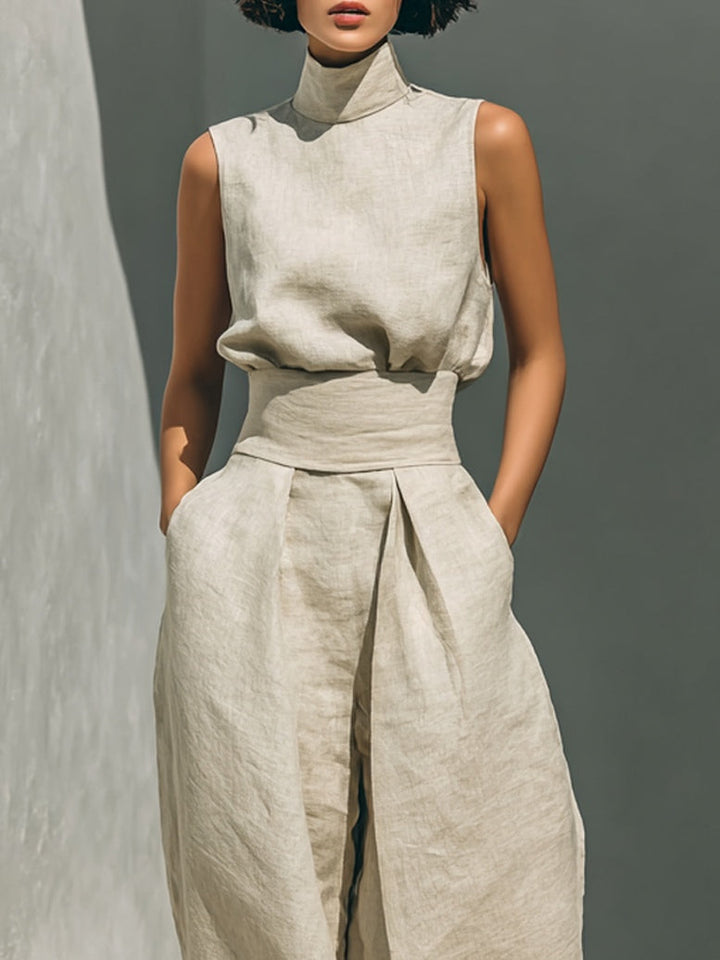 Olivia | Relaxed Beige Sleeveless Wide-Leg Co-Ord Set