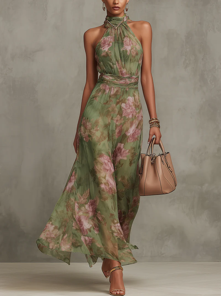 Emilia | Green Chiffon Maxi Dress with Floral Print and Straps
