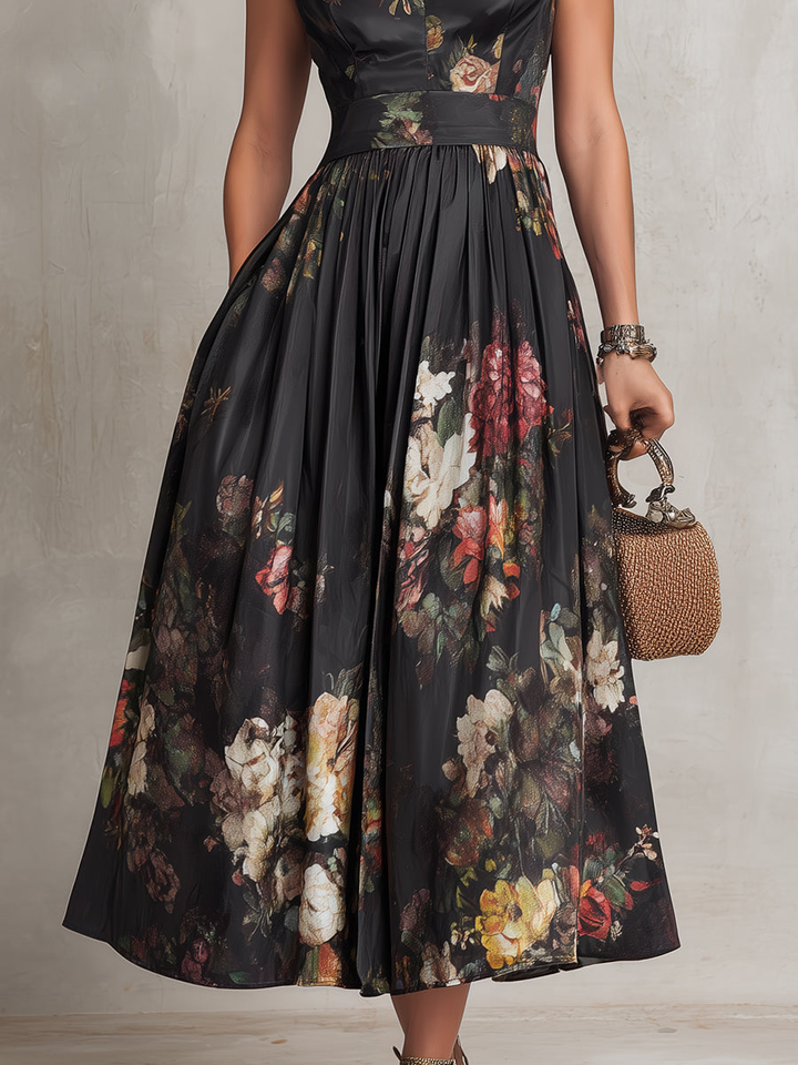 Patricia | Black Satin Midi Dress with Floral Pattern and Pleating