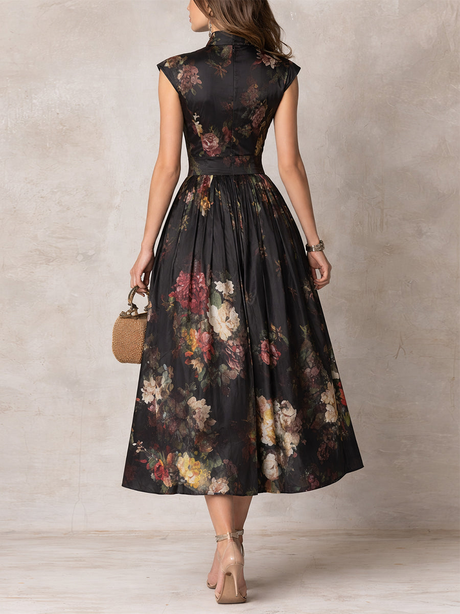 Patricia | Black Satin Midi Dress with Floral Pattern and Pleating